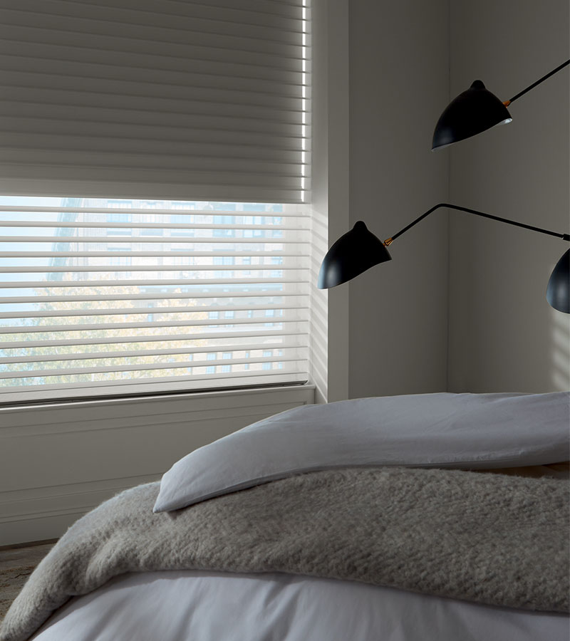 guest bedroom with window looking out and dual shade coverage for room darkening