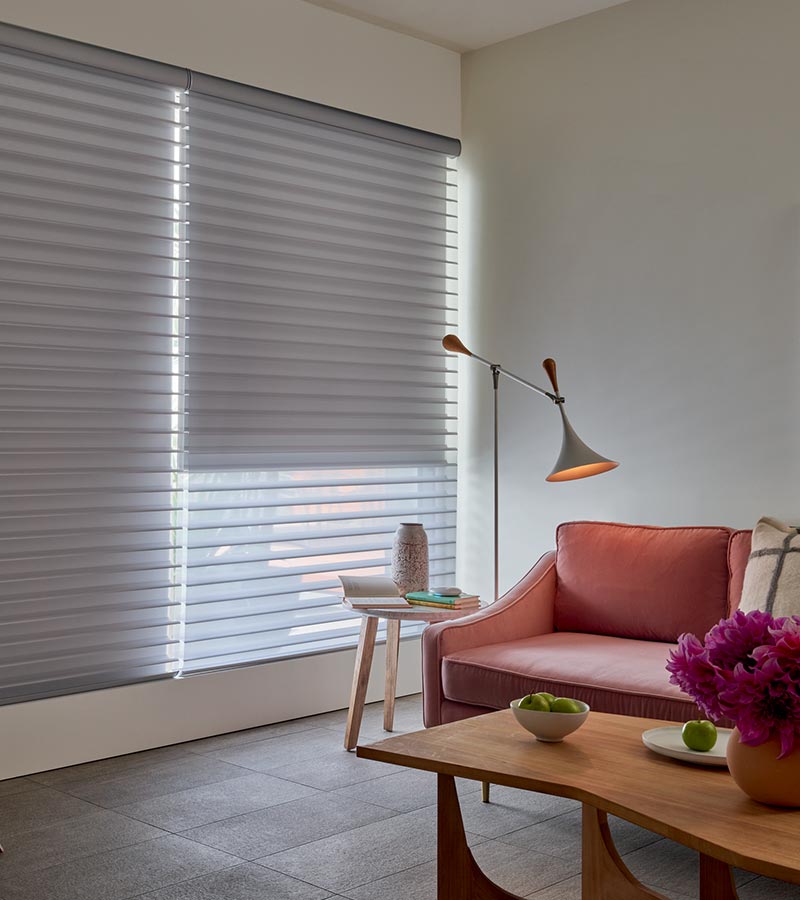 Contemporary styled living room with large window shades for light filtering Portland, OR