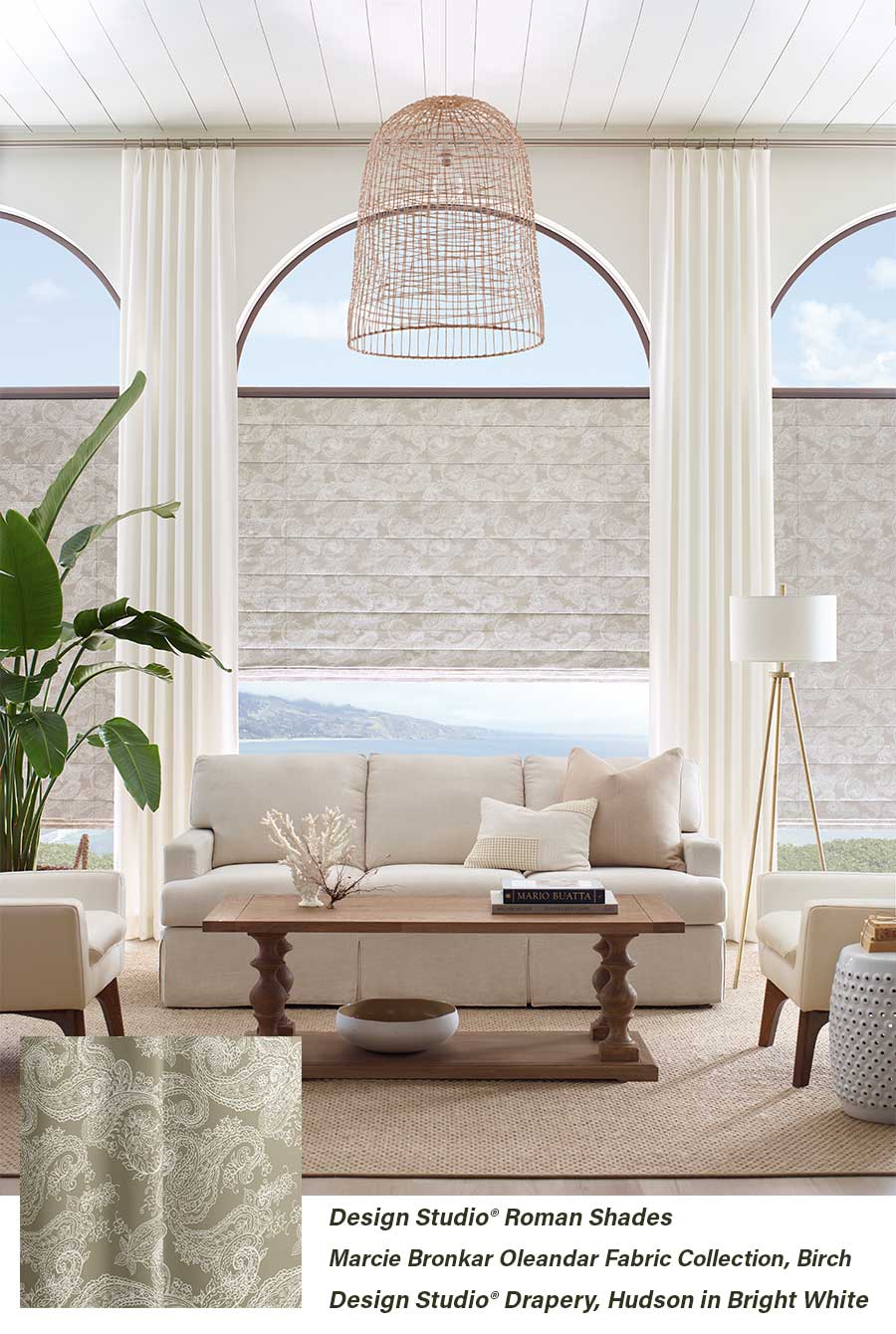 Living room with layered fabrics on windows
