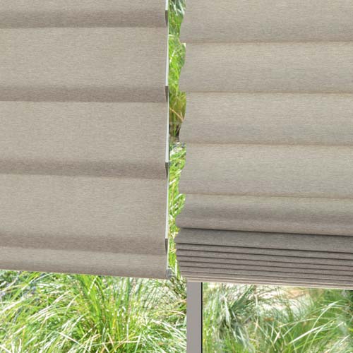 vignette-modern-roman-shades-rolling-vs-stacked-hunter-douglas-skyline-window-coverings close up of roman shades, rolling romans vs stacked romans