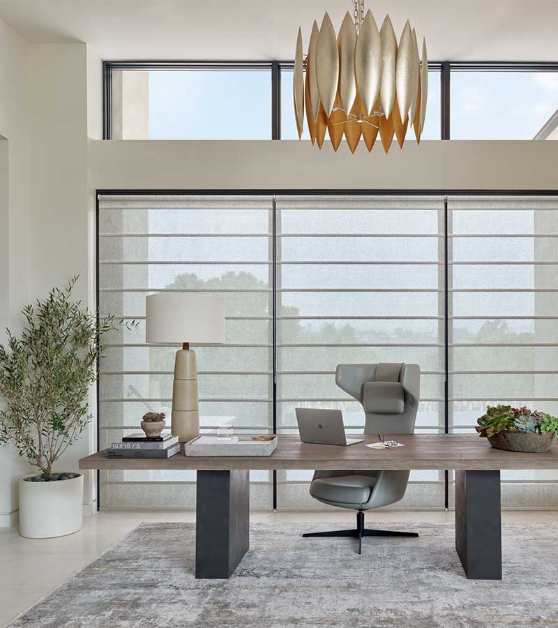 modern executive office floor to ceiling window shades in soft gray color