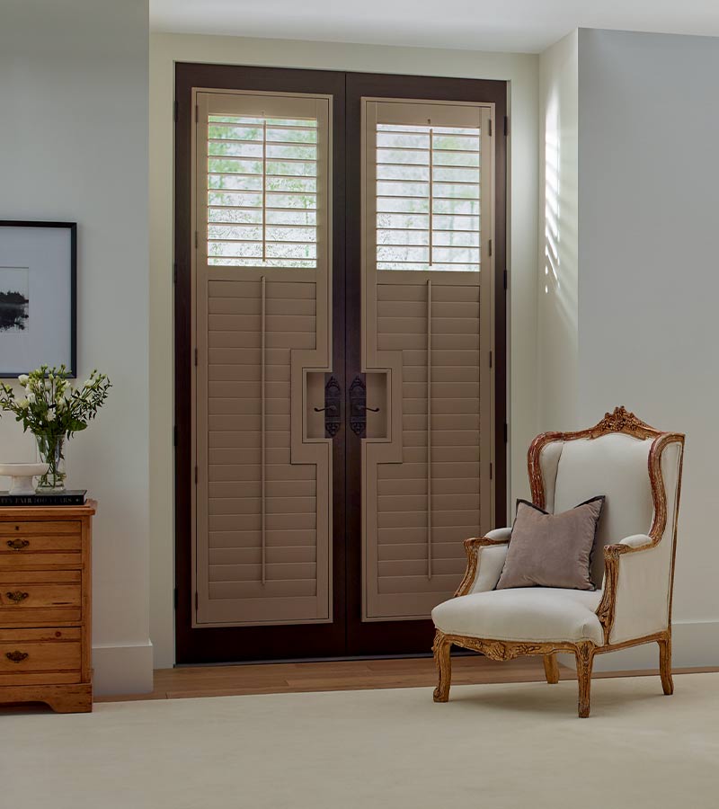 french door shutters in medium brown color for master bedroom