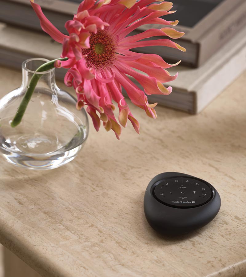 black powerview pebble remote for remote control blinds next to vase with tropical pink flower