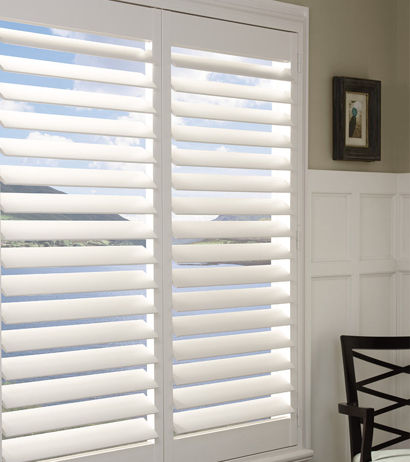 white traditional shutters for kitchen overlooking lake