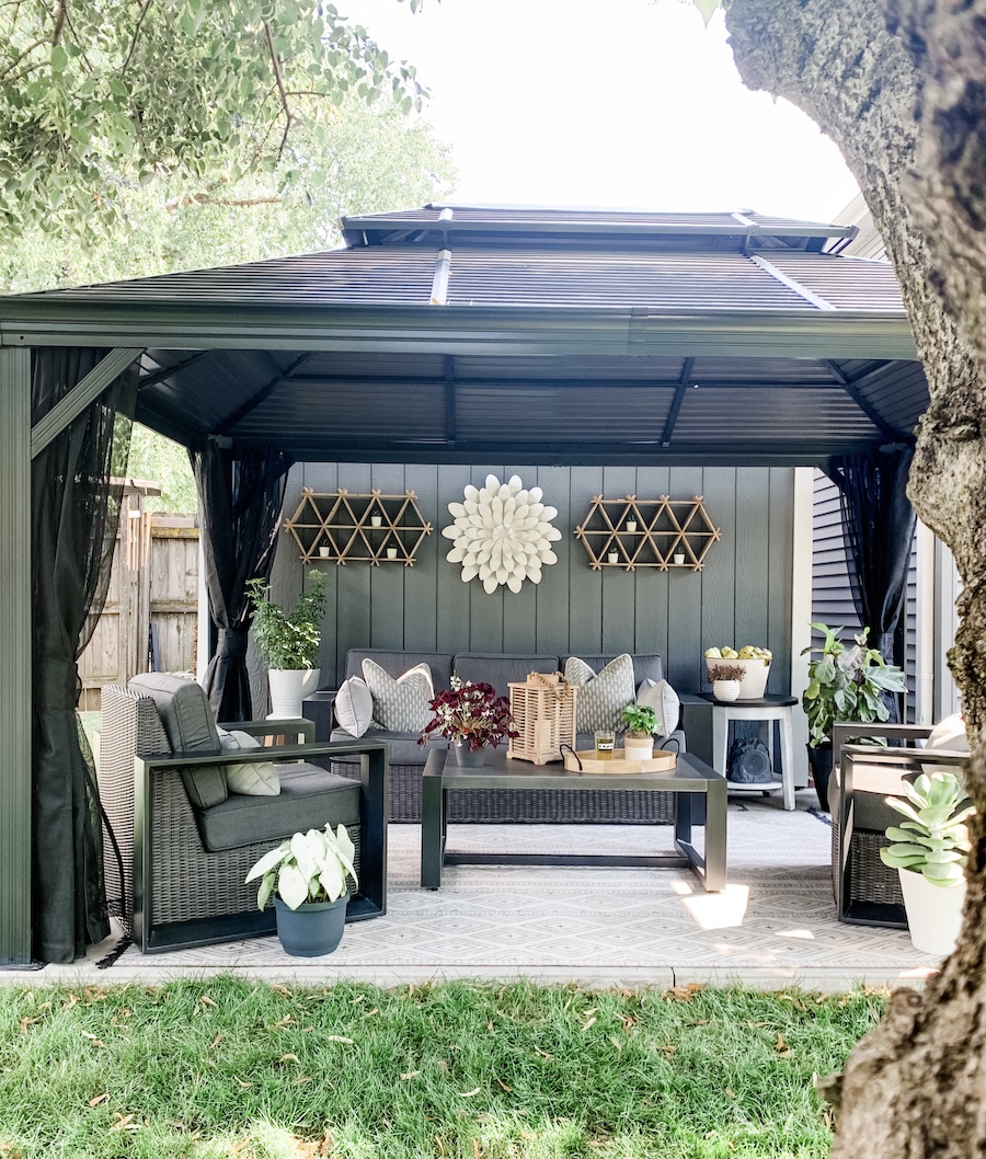 backyard patio with gazebo and outdoor furniture