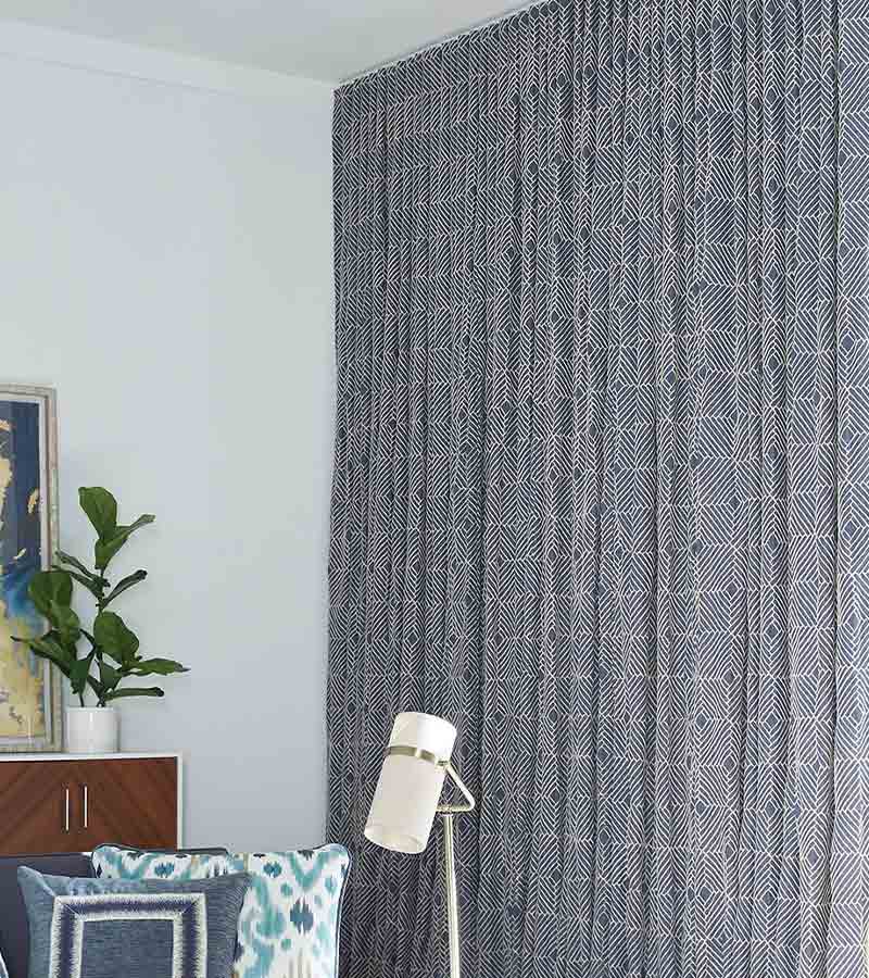 custom drapery curtains in navy blue and white geometric design