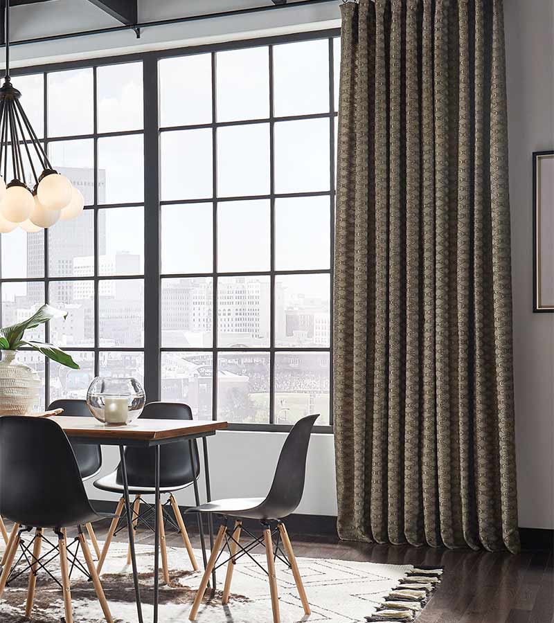 dark olive drapery in modern loft apartment dining room