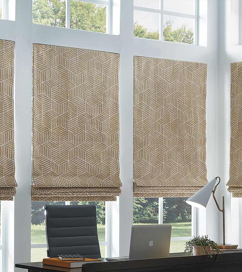 brown patterned roman shades for home office