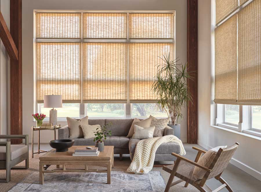 staycation atmosphere with woven wood shades on large windows in chicago