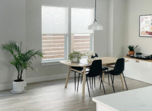 gray honeycomb shades in minimalist home in Los Angeles