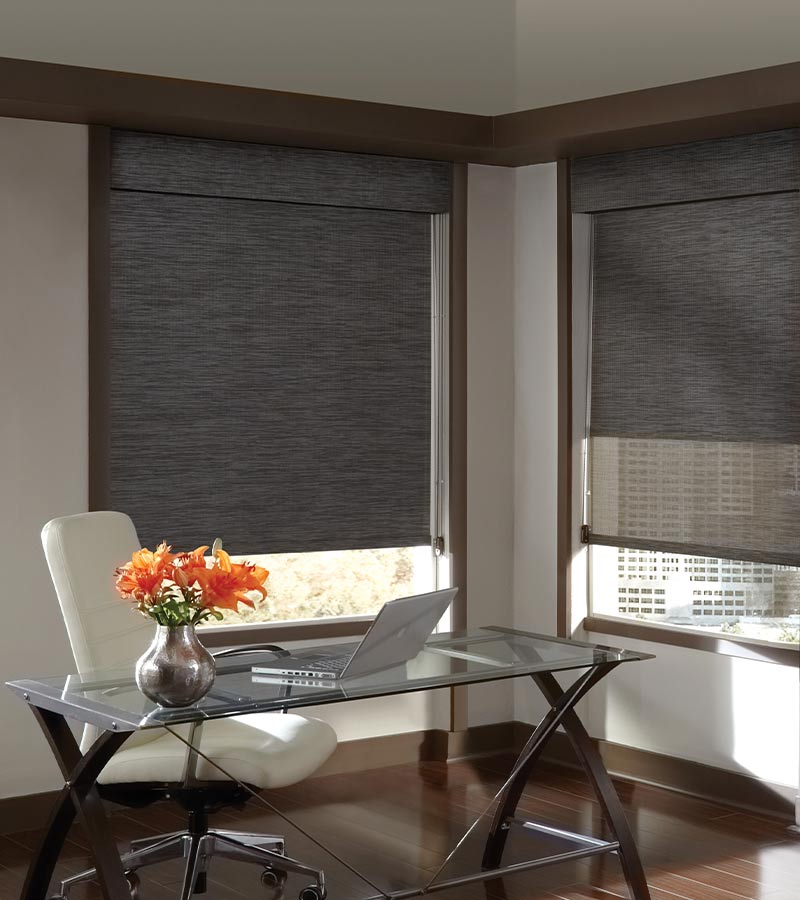 home office in high rise apartment with dark dual shade window screen shade