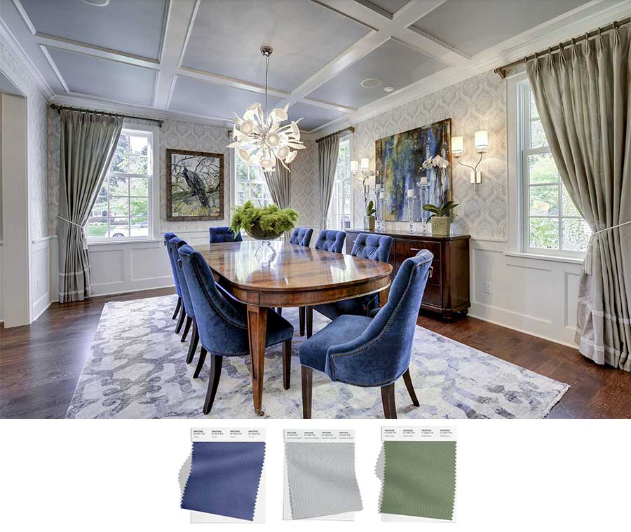 dining room with green and blue accents with olive green curtains