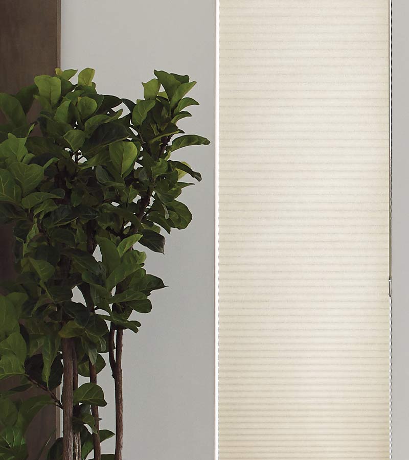 large skinny window covered by a tan window shade for room darkening and energy efficiency