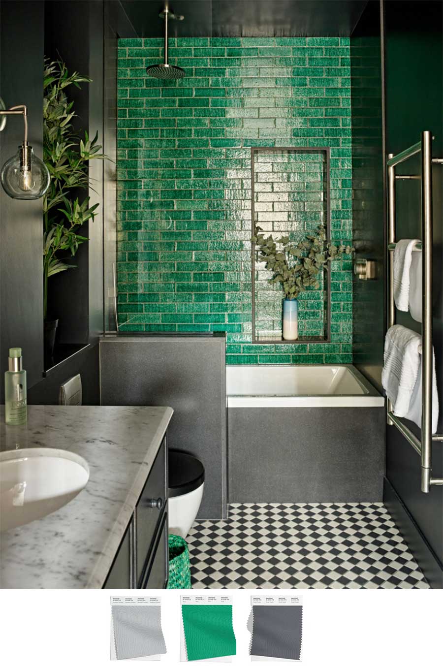 charcoal gray bathroom with bright green subway tile
