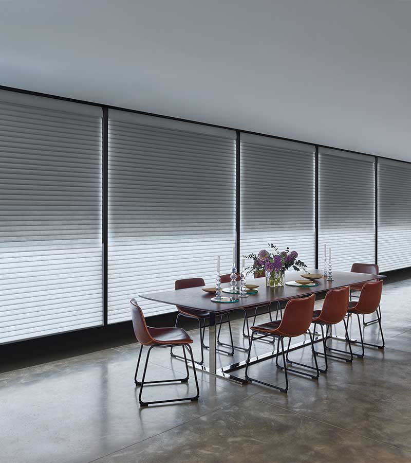 cool light coming from window shades in a modern dining room space