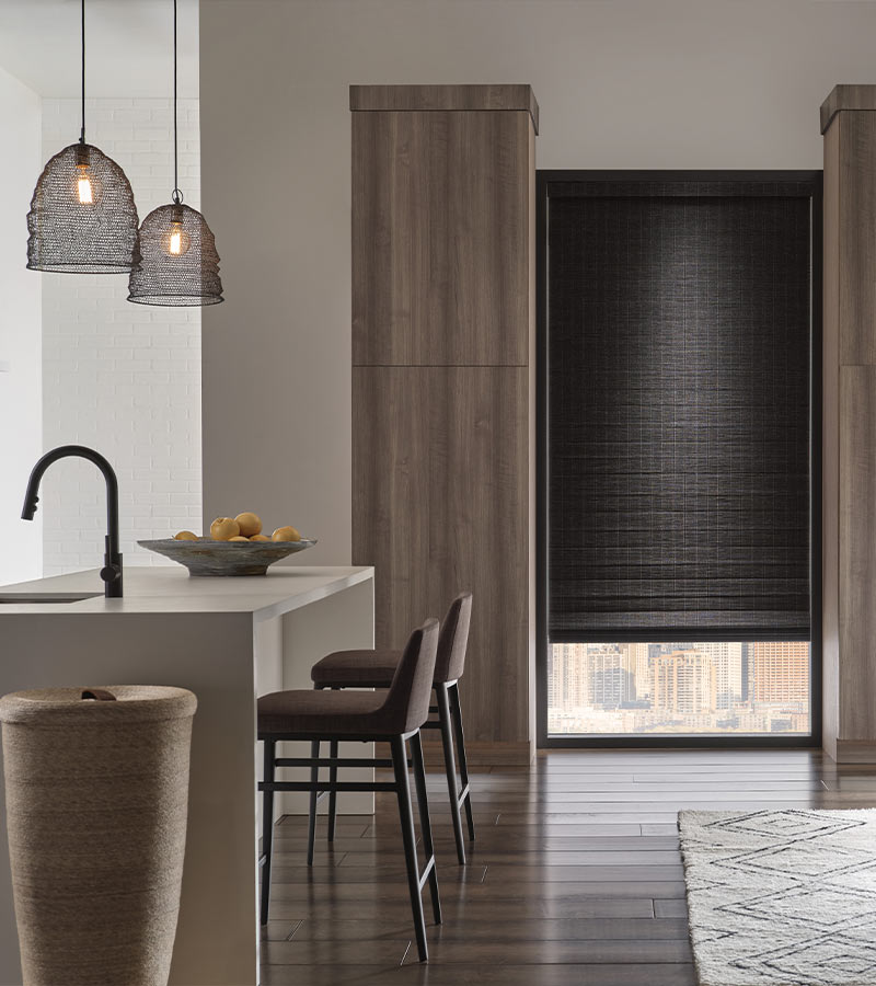 black woven shade in a contemporary apartment kitchen