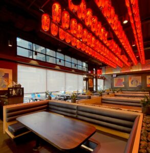 designer roller shades in upscale sushi restaurant