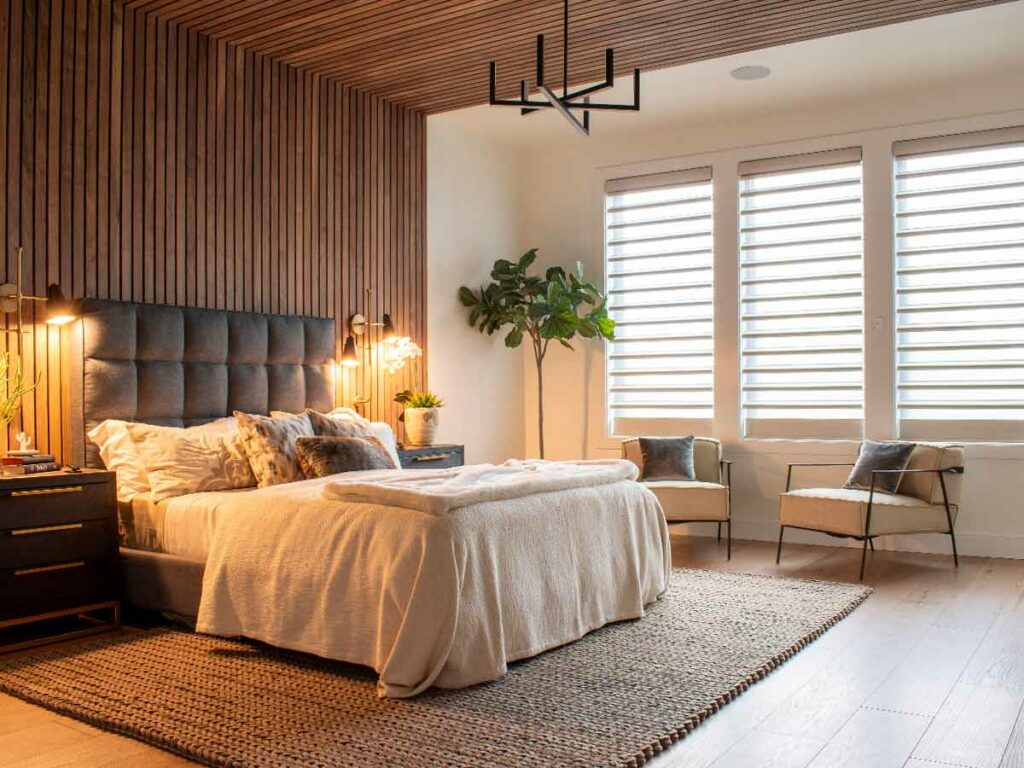 parade of homes bedroom in vancouver with pirouette hunter douglas shades