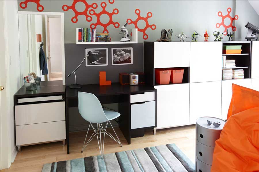 work space in teen room with desk and storage