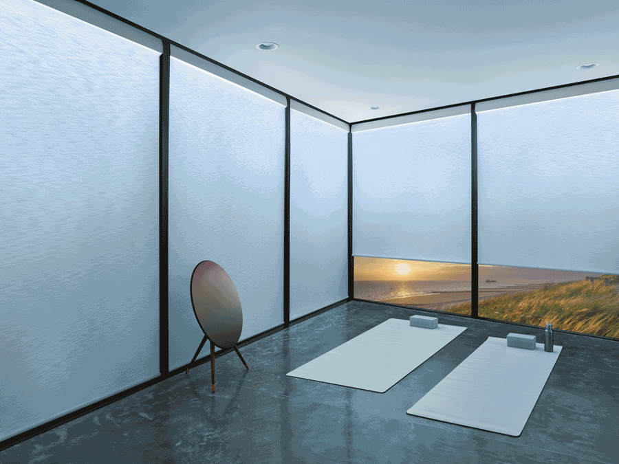 illuminated shades changing from cool to warm lighting temperatures on floor to ceiling windows in Chicago