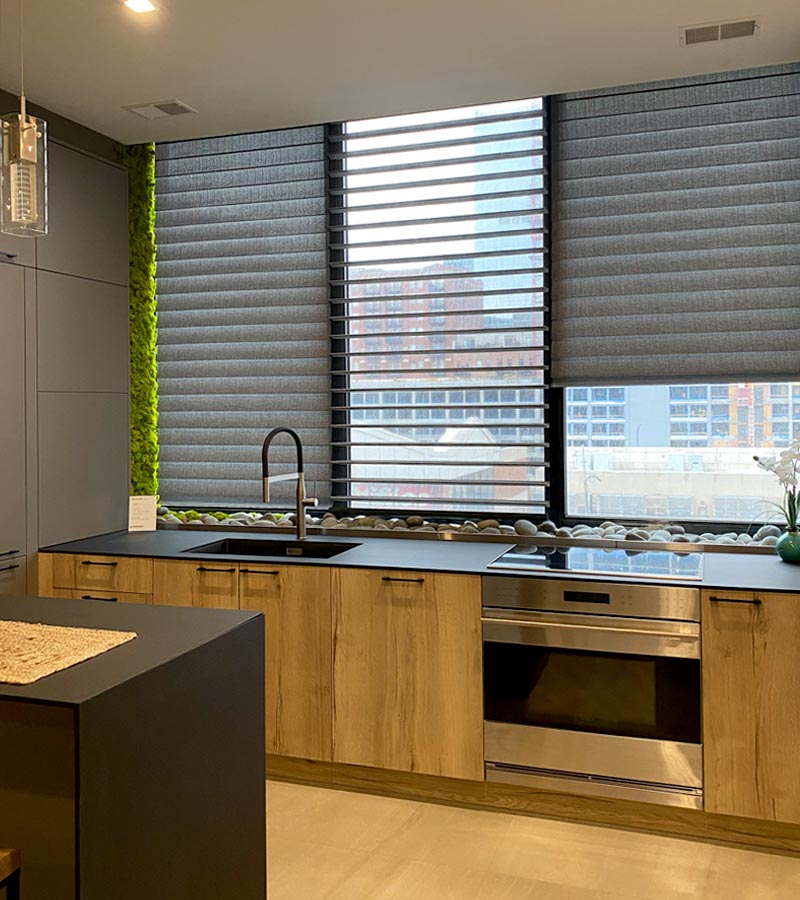 grey silhouette window shadings over kitchen sink