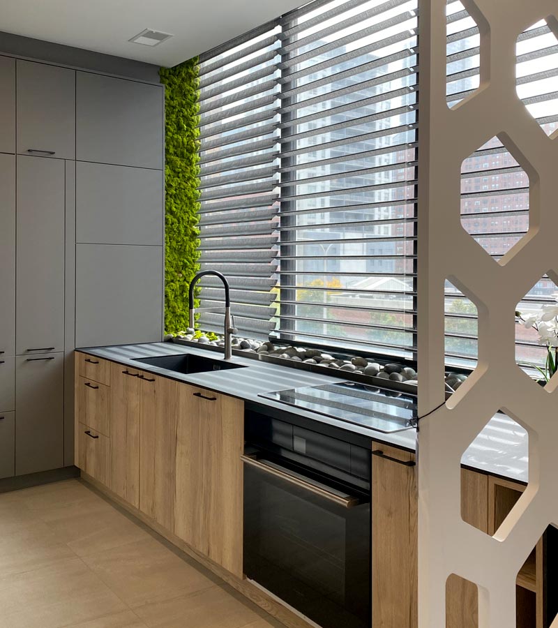 grey silhouette window shadings over kitchen sink