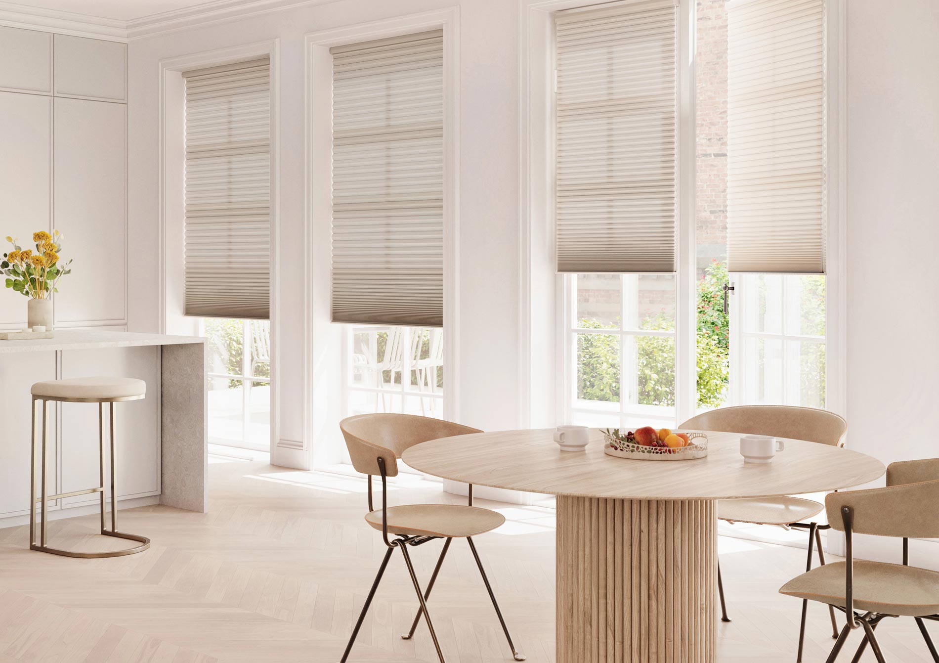 honeycomb shades with trackglide on glass doors for light filtering in a bright kitchen 