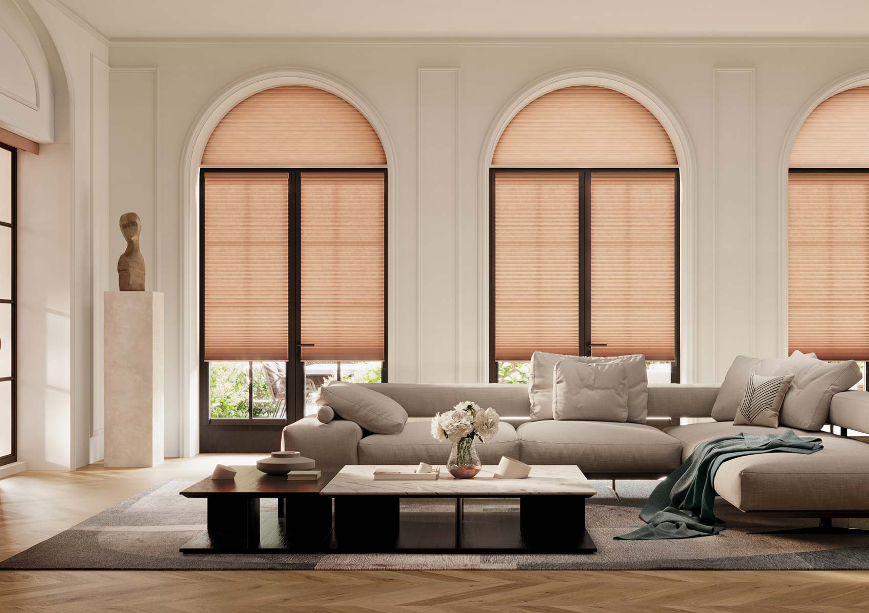 applause honeycomb shades with arched windows and black window trim