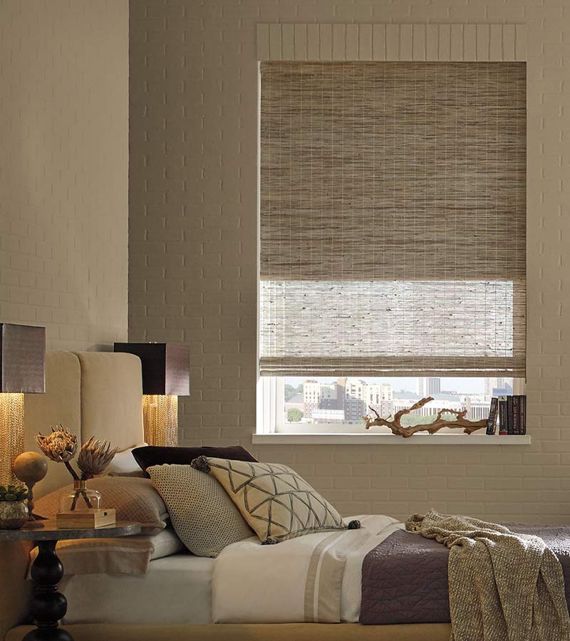 woven woods with dual roller shade for room darkening and blackout situations