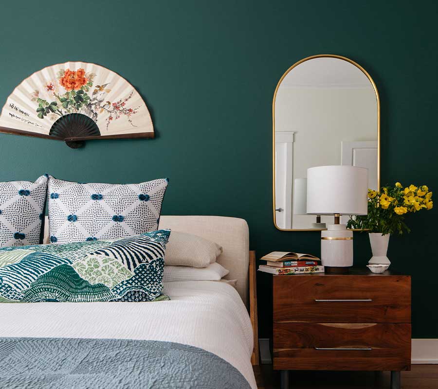 jade green accent wall in chicago illinois bedroom