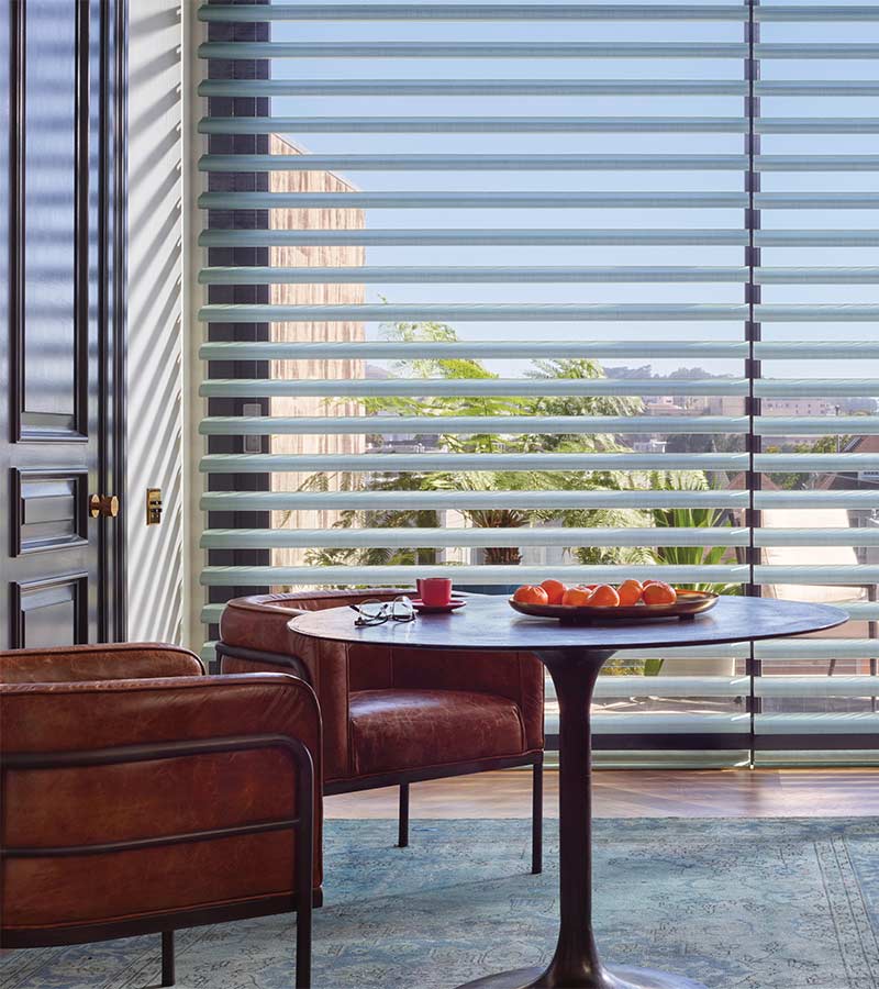 pirouette soft fabric shades in slate blue gray in modern dining space with outdoor view