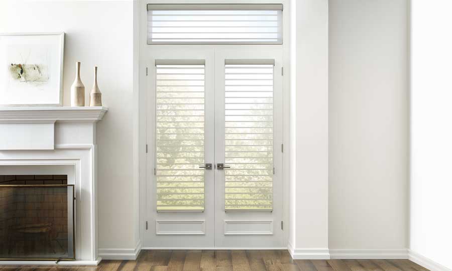 white Hunter Douglas sheer entryway shades on the french doors of a Chicago IL home