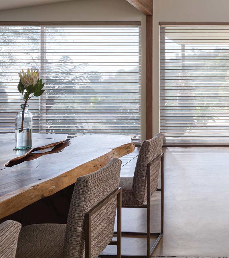 fabric window blinds in large open concept dining and bar space