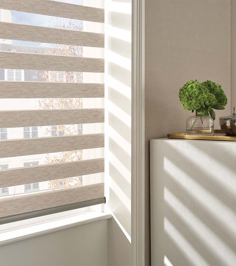 Beige fabric zebra shades on small window