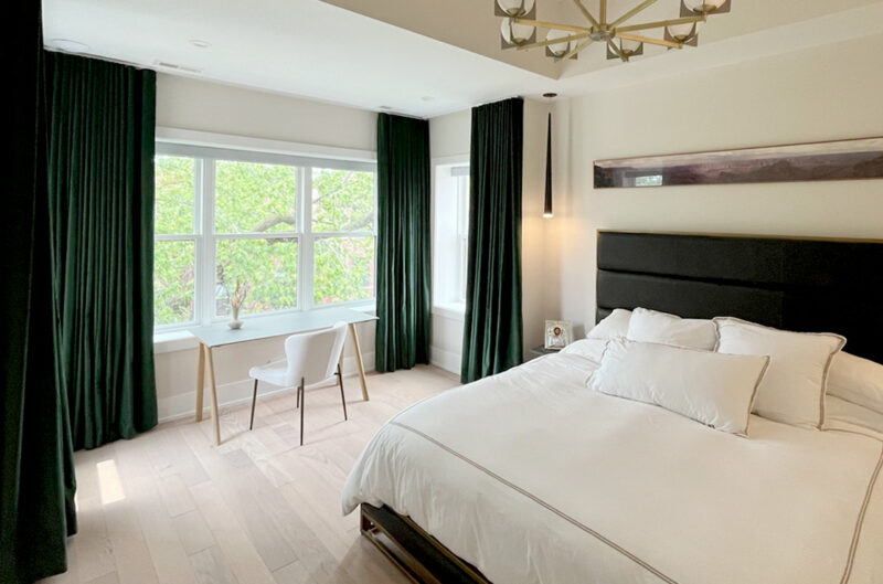 green velvet custom drapery for master bedroom