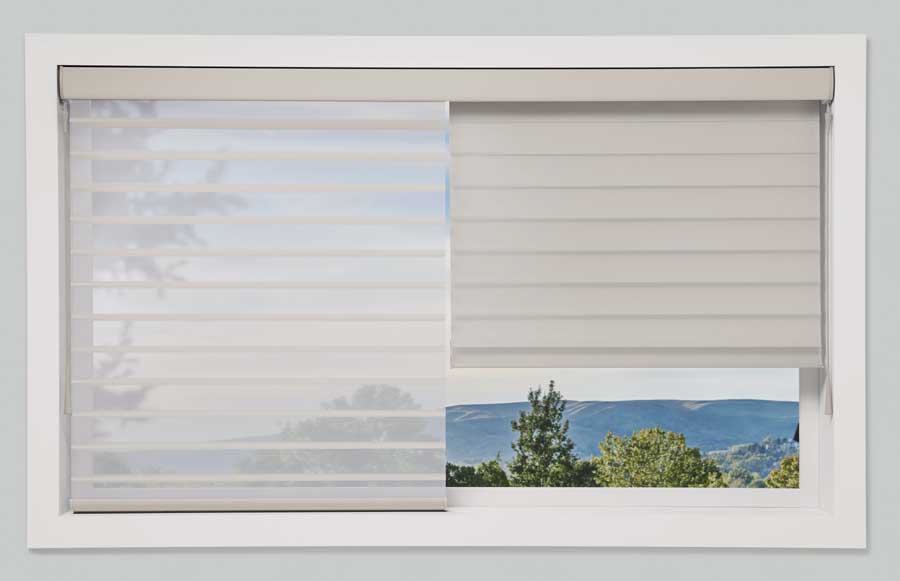 two different silhouette shade features on each shade, one opened one closed
