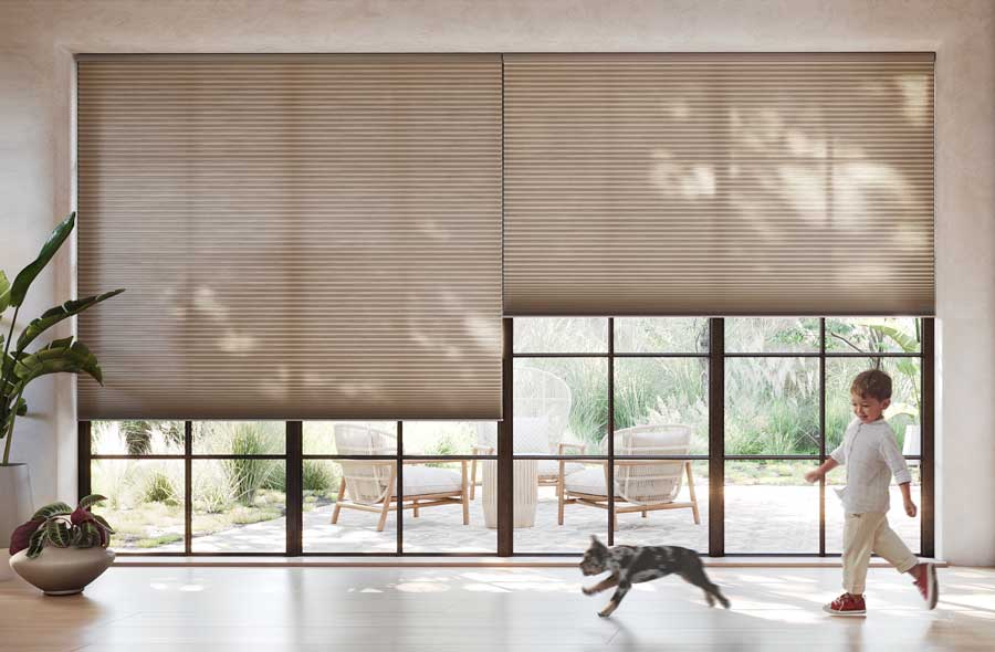 indoor outdoor living with large black trim sliding doors and outdoor patio area
