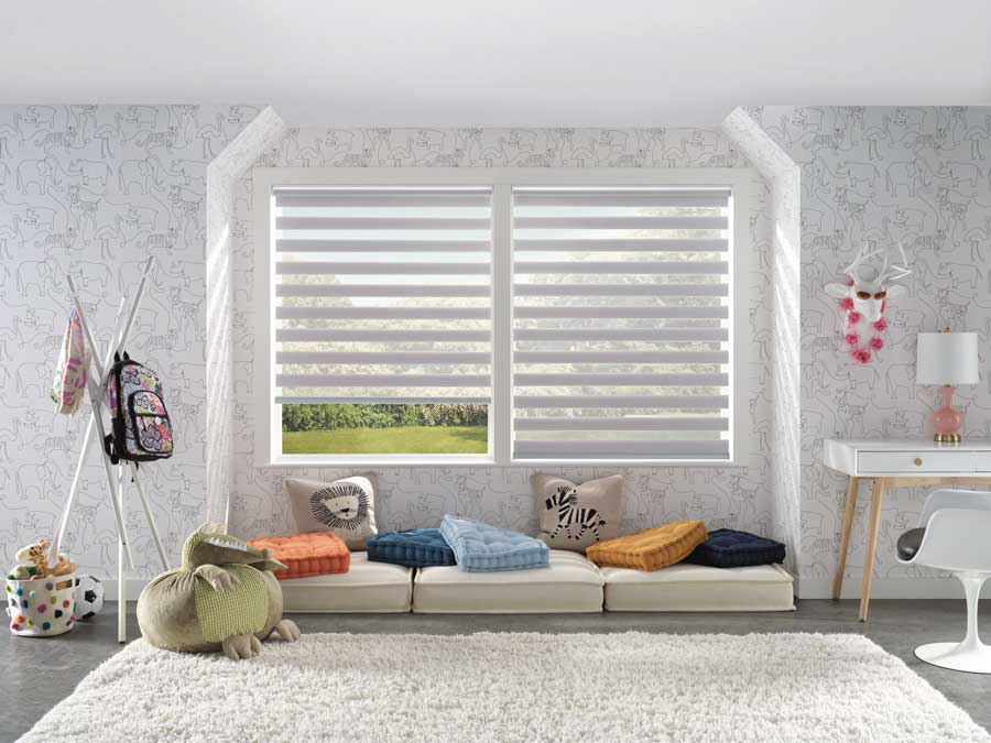 child's playroom bonus space with banded shades