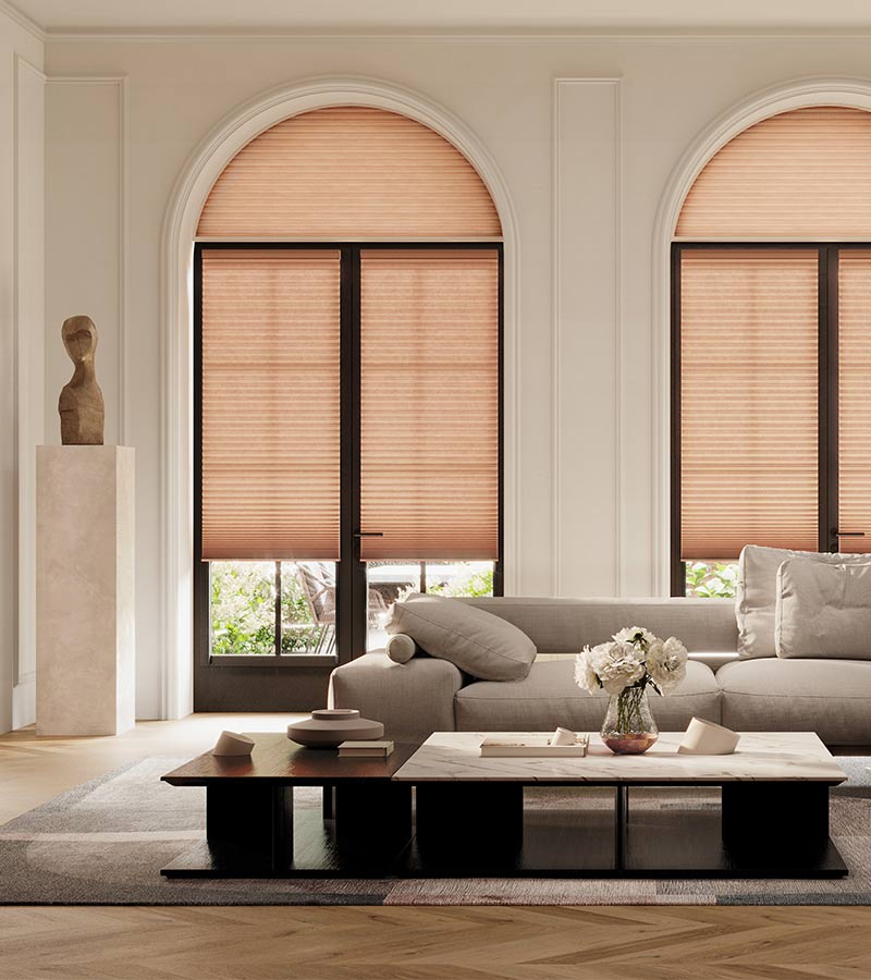 specialty shape window blinds peach colored shades