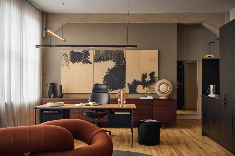 drapery paired with designer roller shades in home office