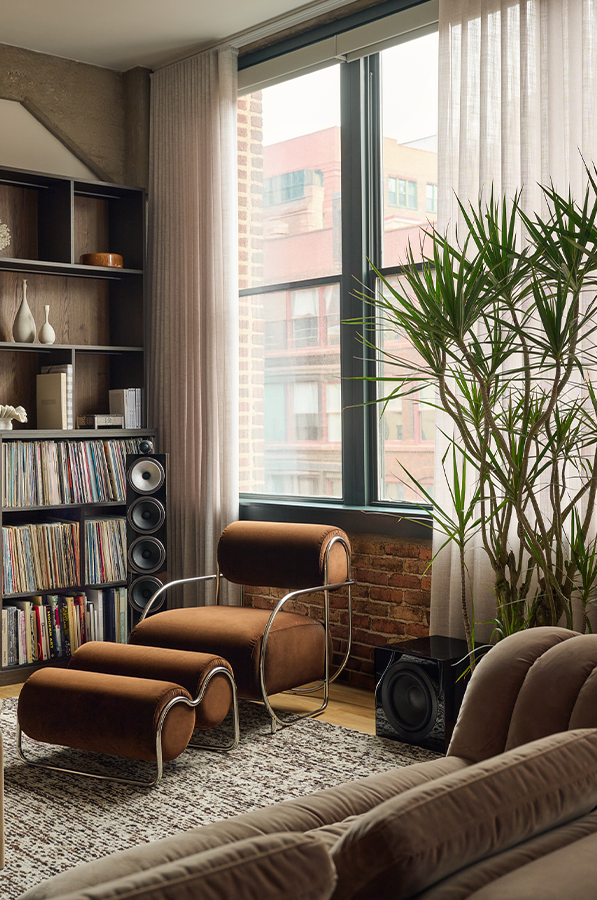 living room layered window treatments in Chicago loft