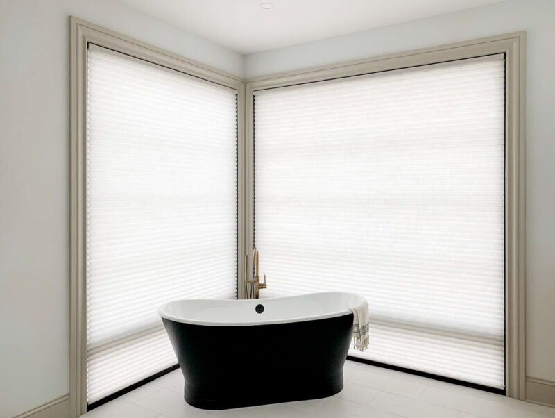 motorized shades on large windows in master bathroom westlake village california