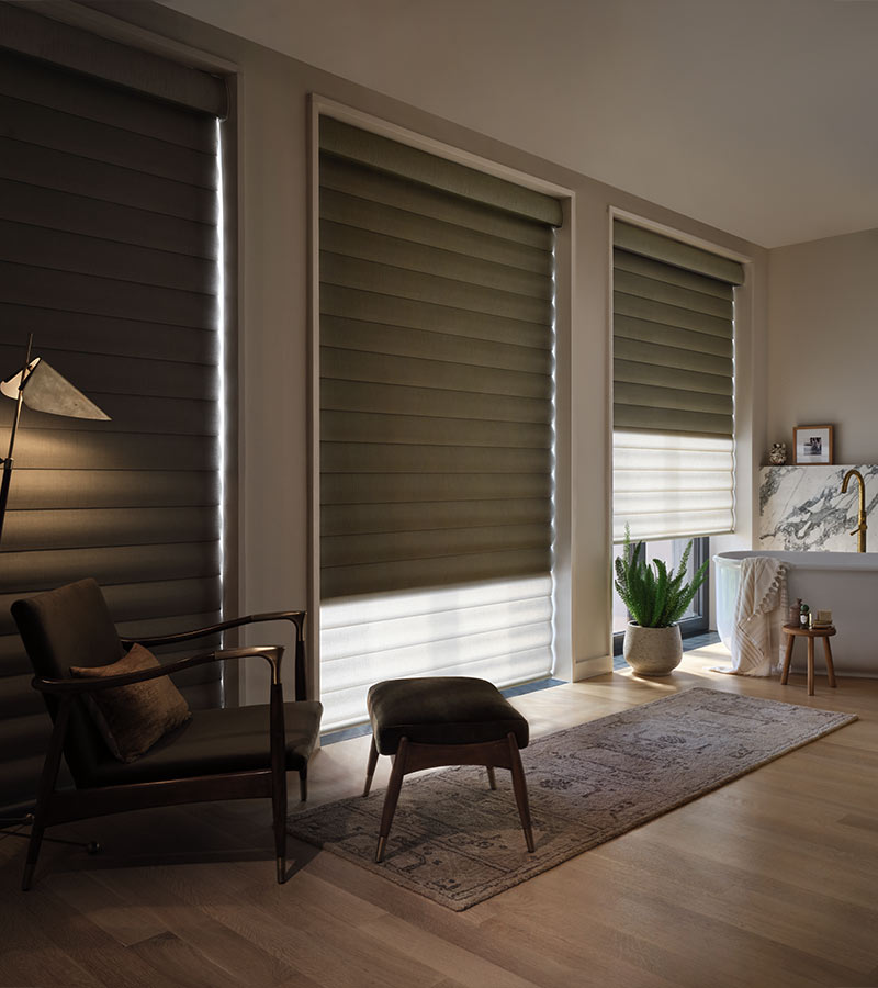 green room darkening window shades in living room in chicago