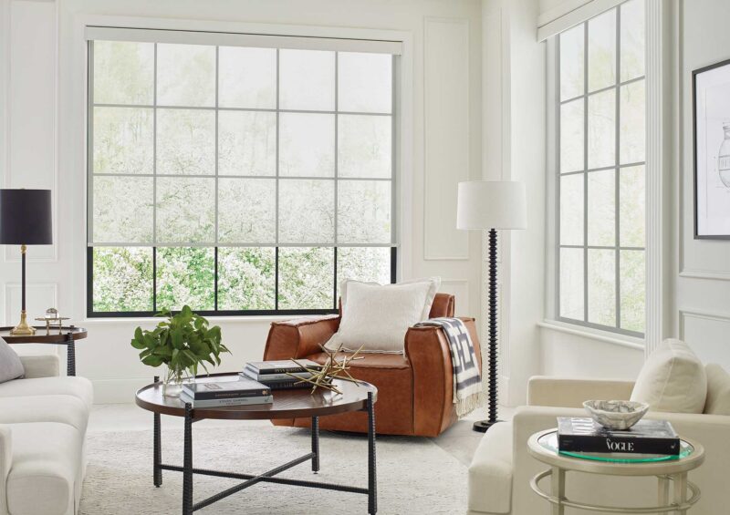 living room with motorized roller shades for light filtering 