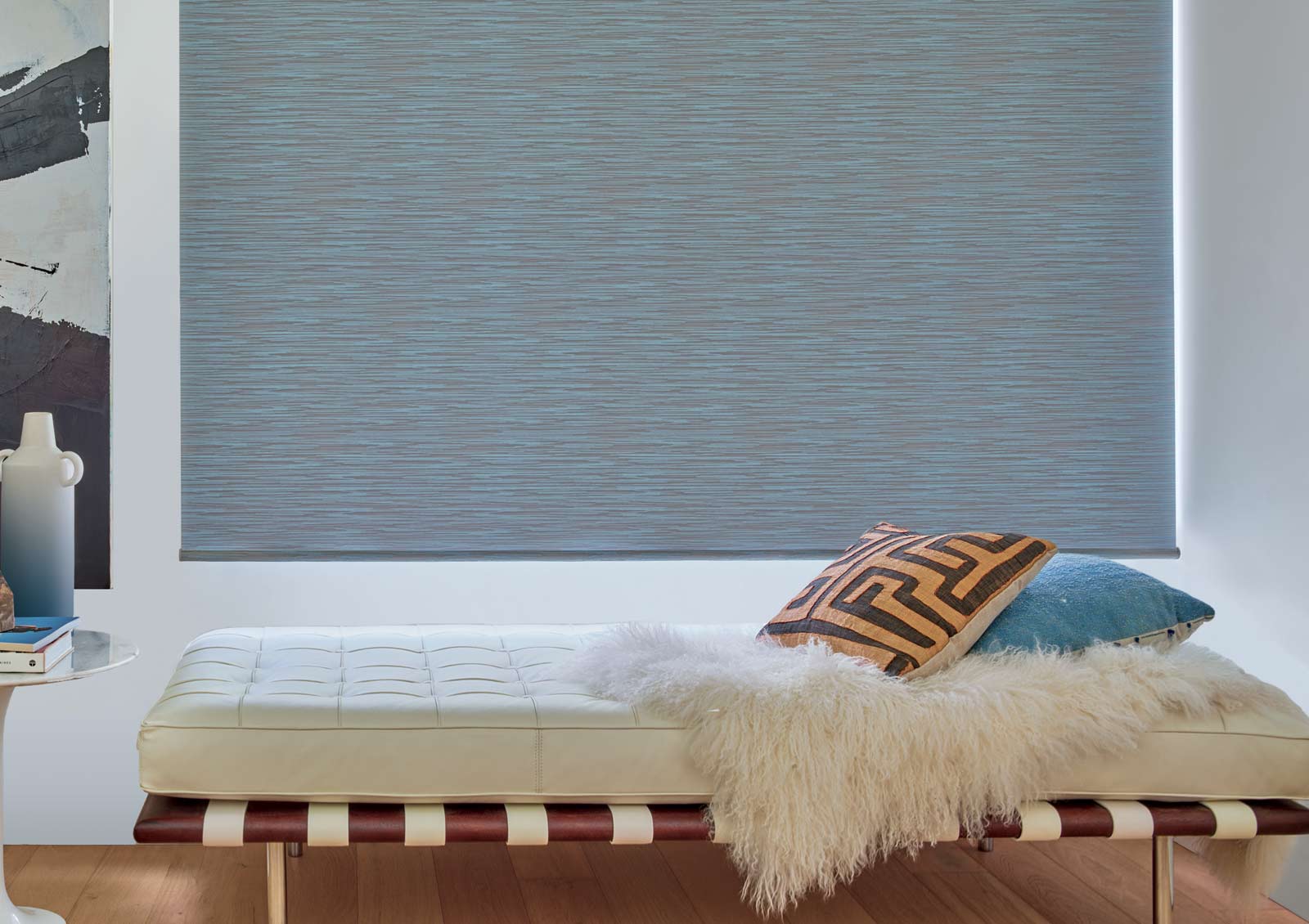 dual designer roller shades partly open