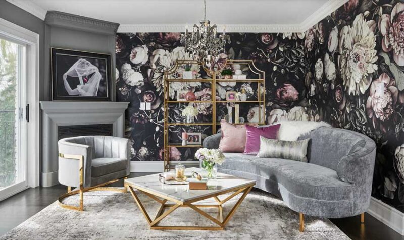 living room with large scale floral wallpaper