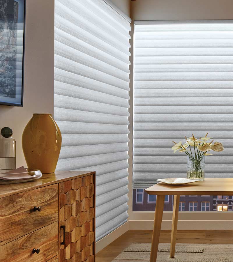 home office with roman shades cool tone LED window shades by Hunter Douglas