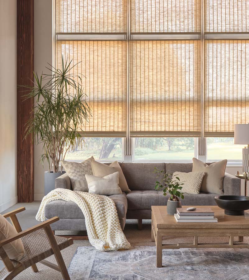 skyline-window-coverings-hunter-douglas-provenance-woven-woods-boho-living-room hunter douglas provenance woven wood shades in contemporary living room