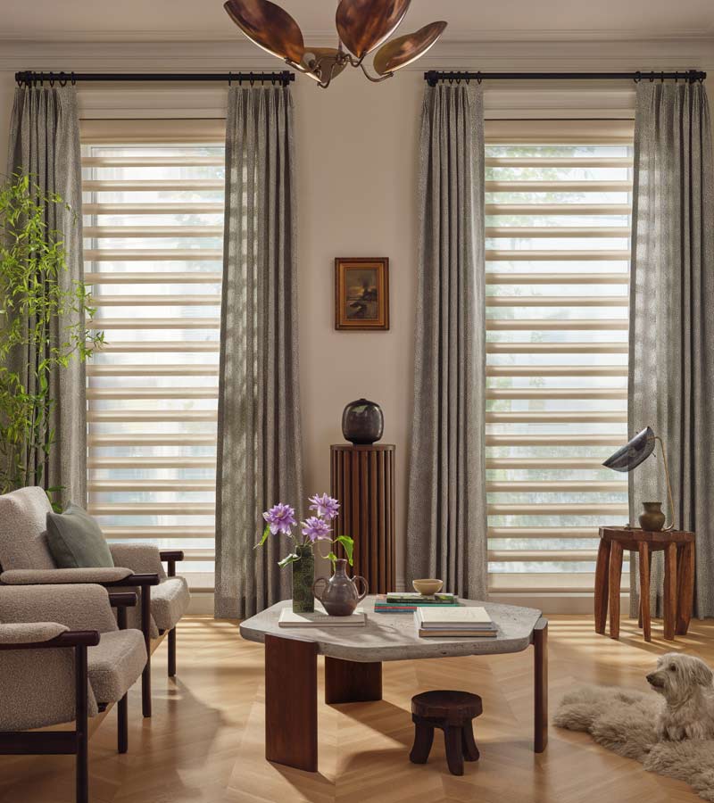 skyline-window-coverings-white-plains-new-york-pirouette-window-shadings-paired-with-sheer-patterned-drapery-panels sheer draperies with Pirouette® shades in Westchester living room