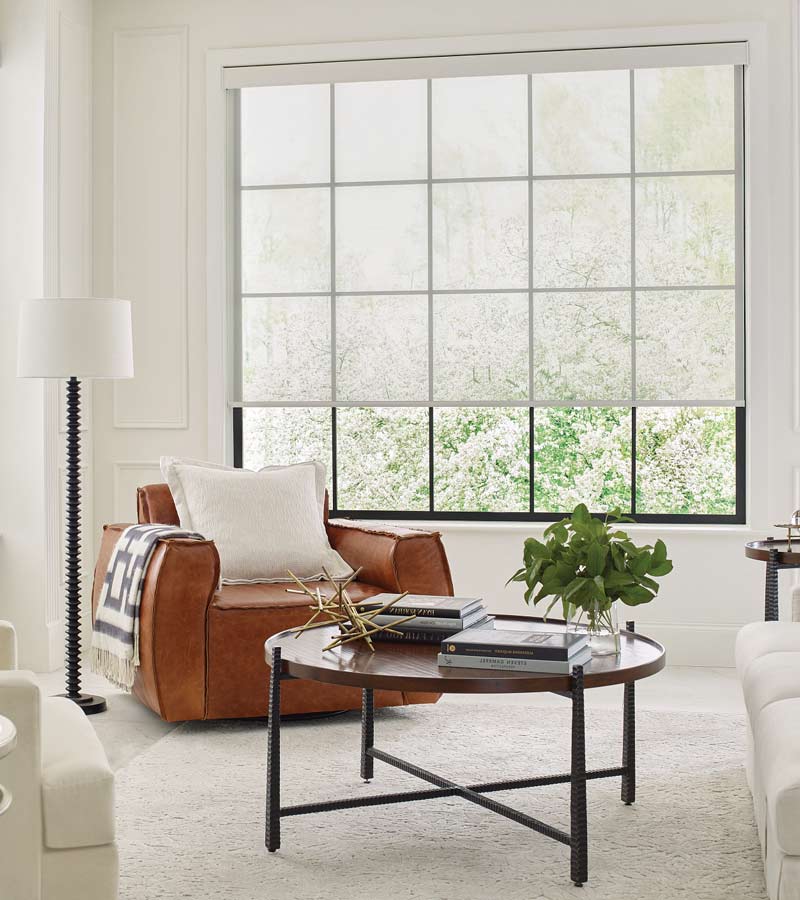 skyline-window-coverings-white-plains-new-york-white-designer-roller-shades-in-light-filtering-fabric Light-filtering roller shades on large windows in Westchester